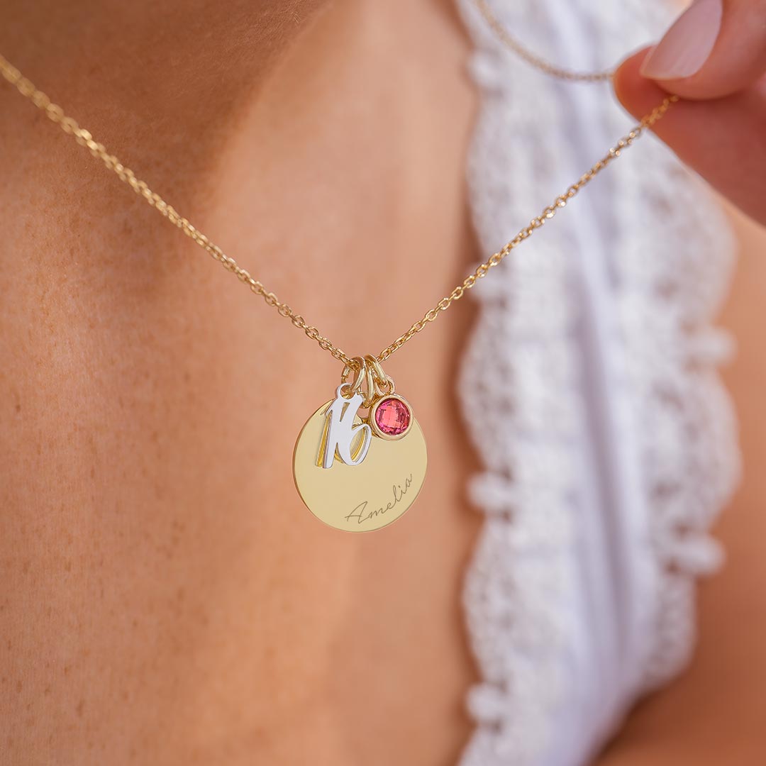 gold plated sterling silver 16th birthday charm and birthstone necklace