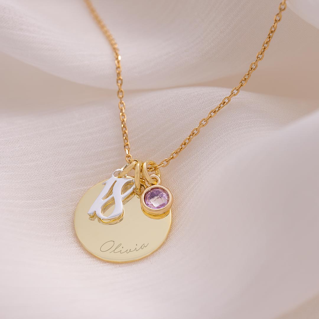 gold plated sterling silver 18th birthday necklace with engraved name and birthstone charm