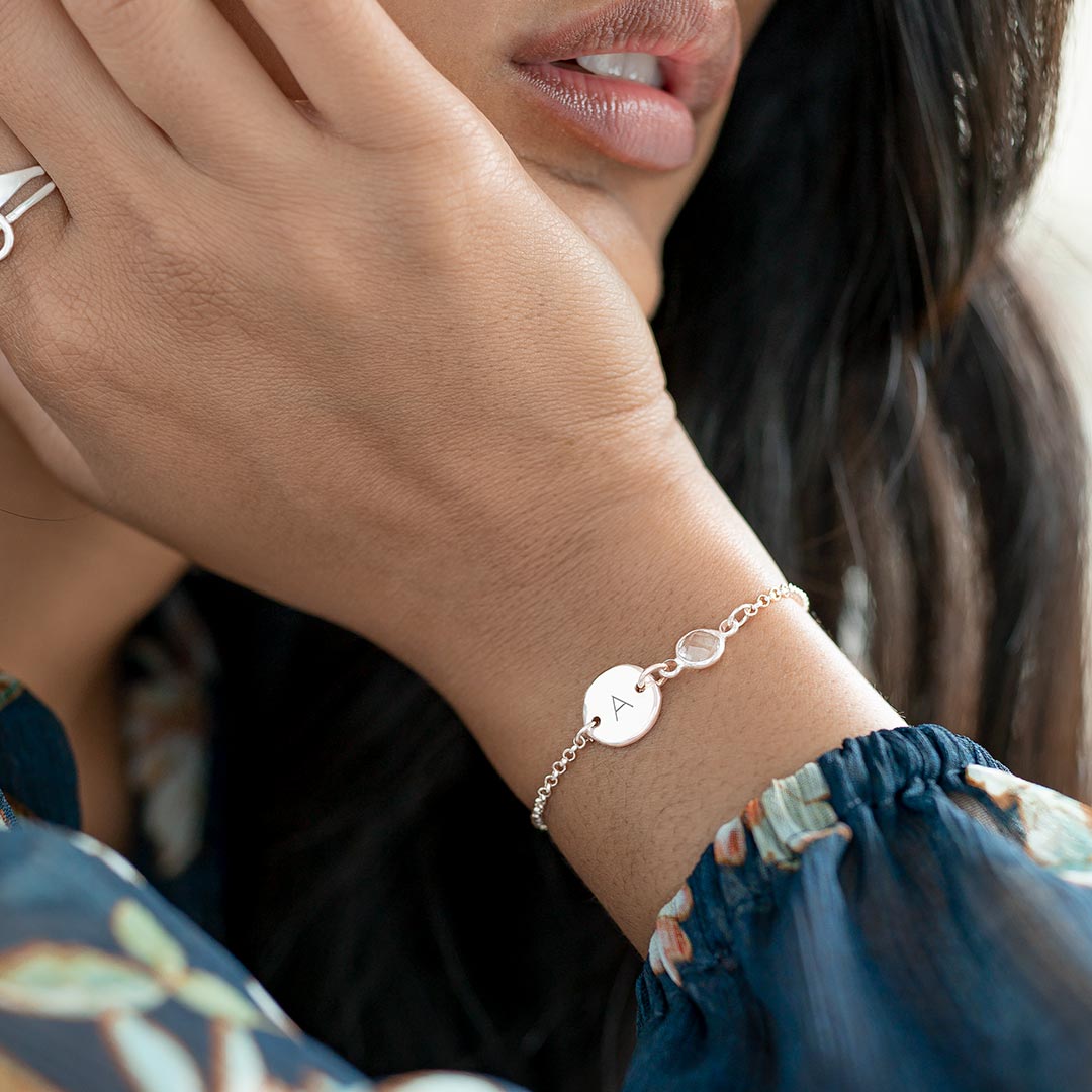 Hammered Texture Disc Initial Rose Gold Bracelet with Birthstone Charm