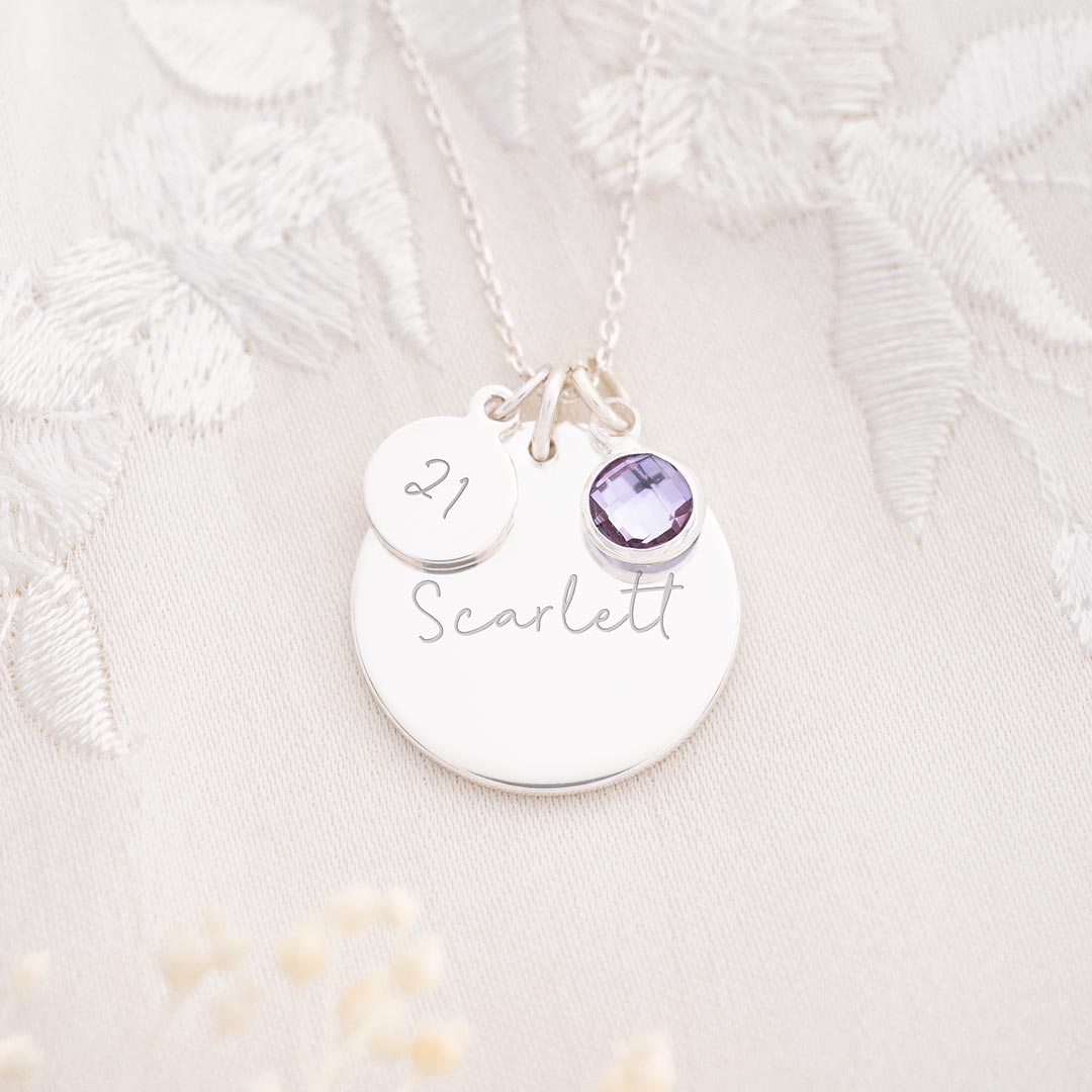 Sterling Silver 21st Birthday Disc and Birthstone Personalised Necklace