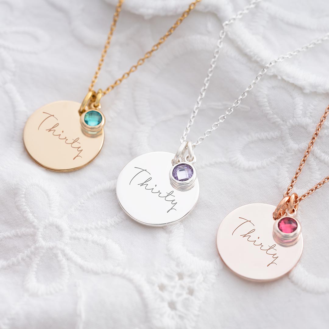 30th Birthday Disc And Birthstone Personalised Name Necklace