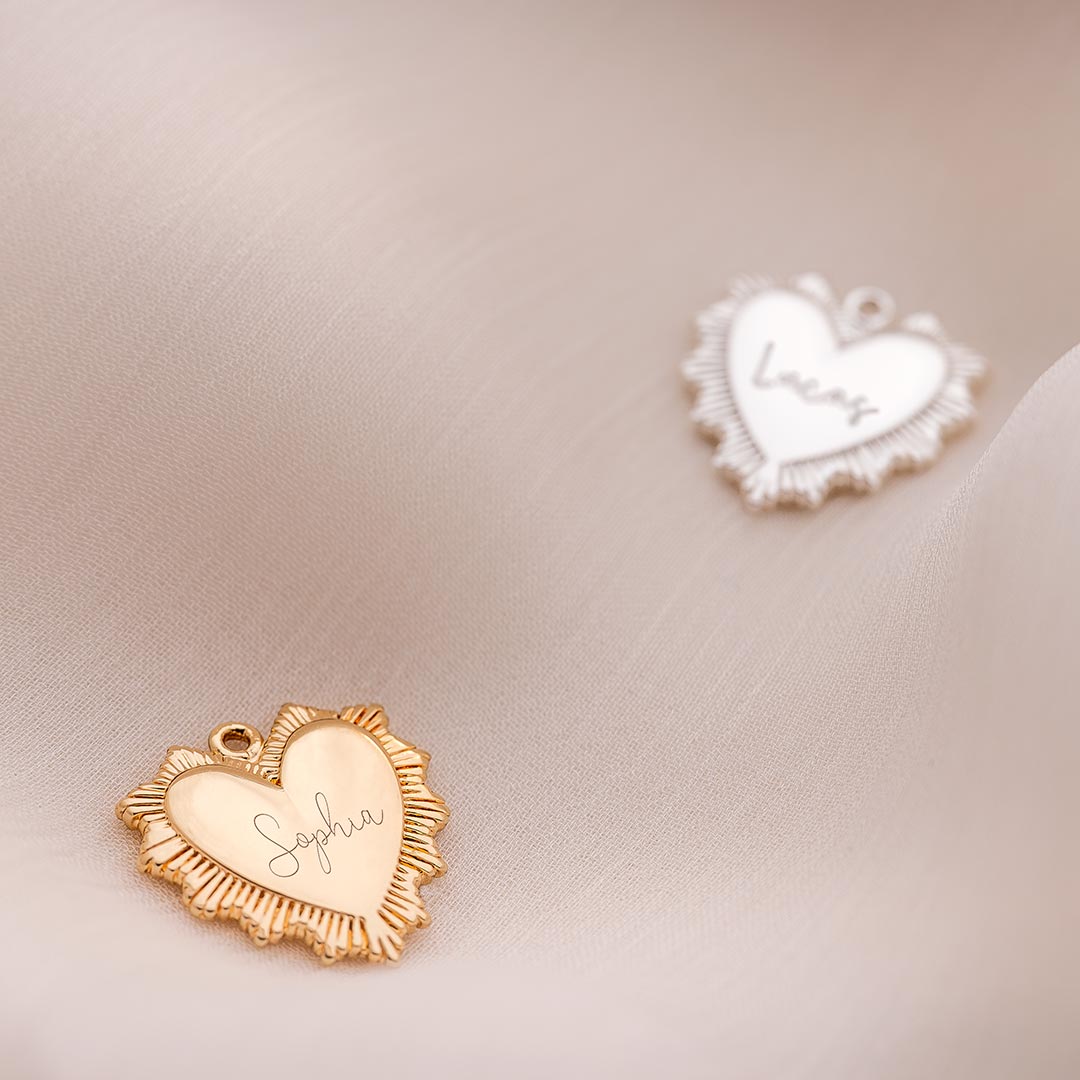 silver and champagne gold 15mm vintage heart charm for jewellery making engraved in a handwritten script font