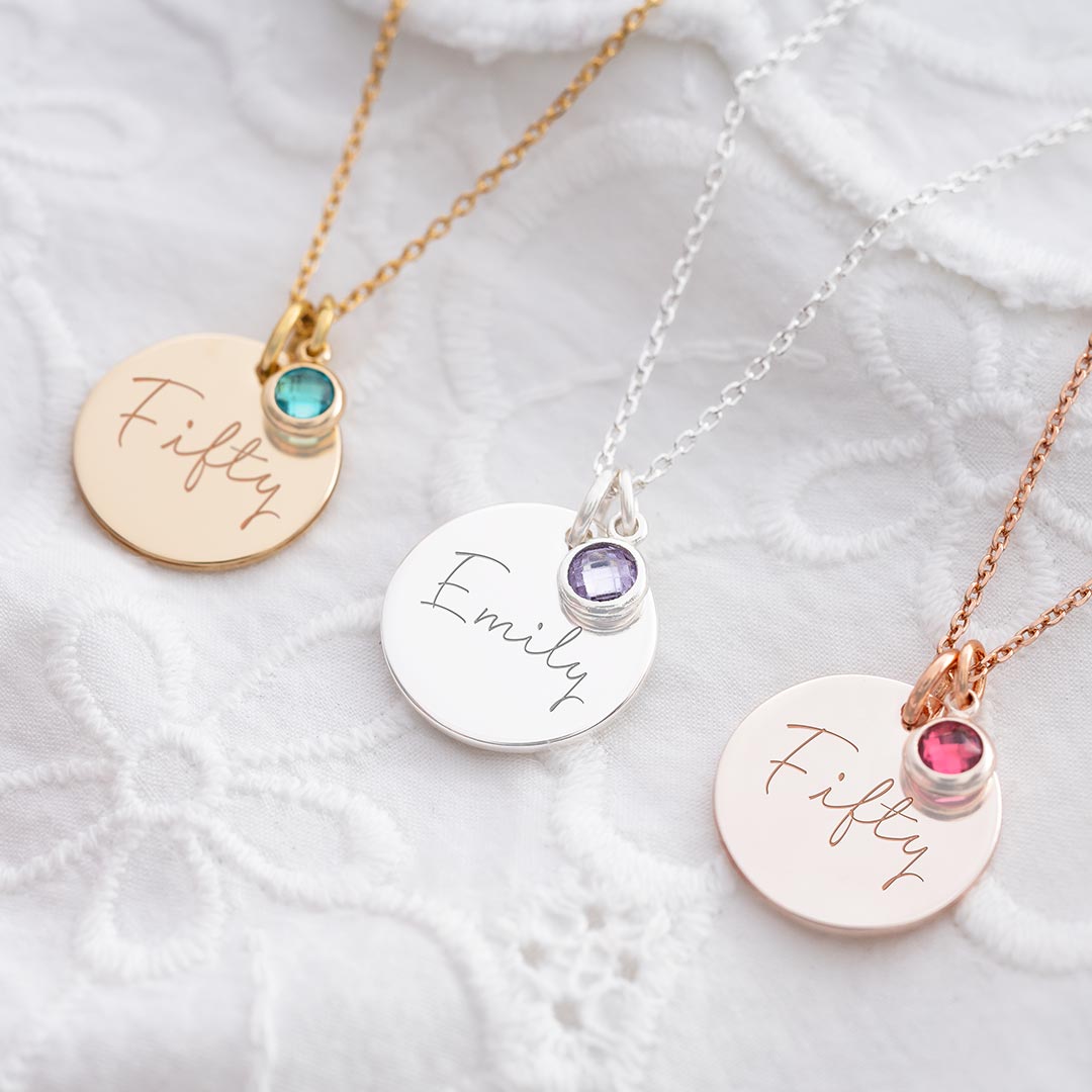personalised 50th birthday disc necklace in gold plated sterling silver, sterling silver and rose gold plated sterling silver