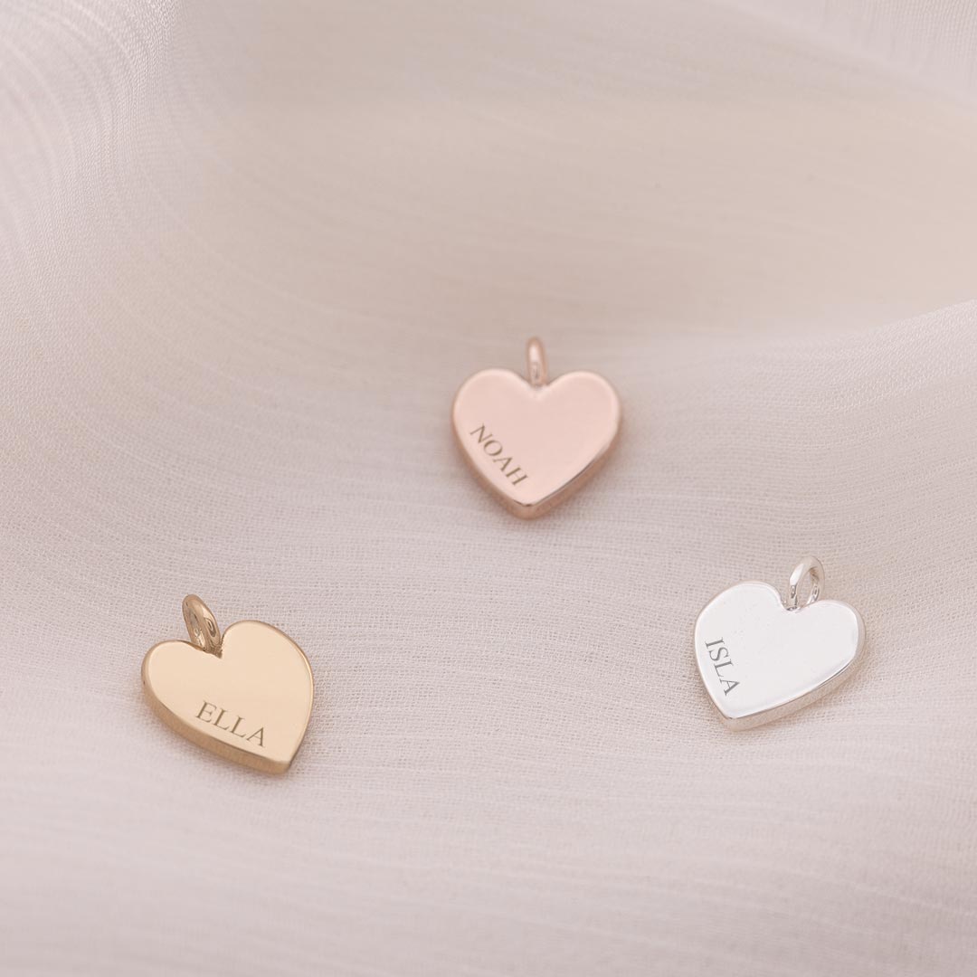 silver plated, champagne gold plated and rose gold plated 8mm heart charm with engraved contemporary style name