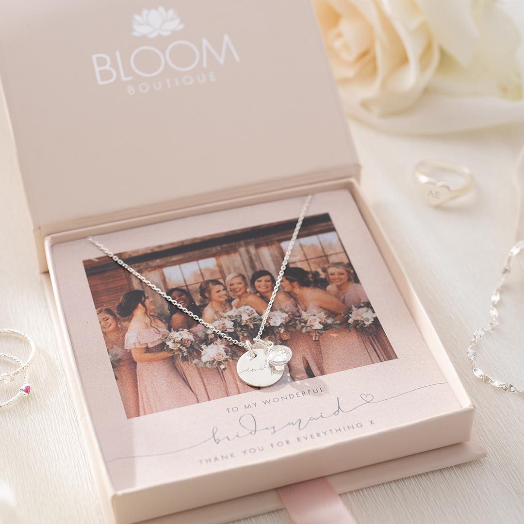 esme disc charm and birthstone necklace in a bridesmaid photo gift set