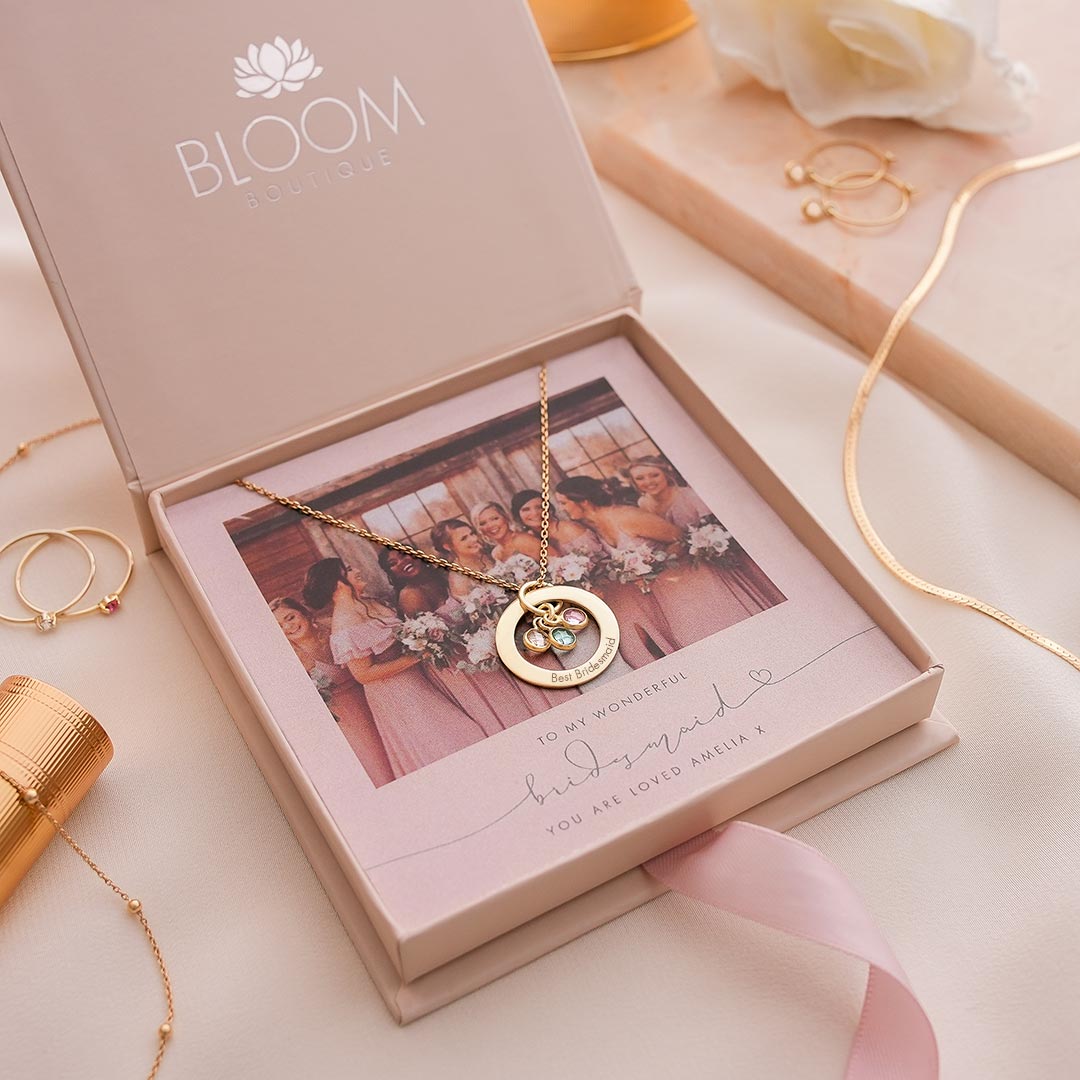 champagne gold family eternal ring personalised necklace bridesmaid gift set