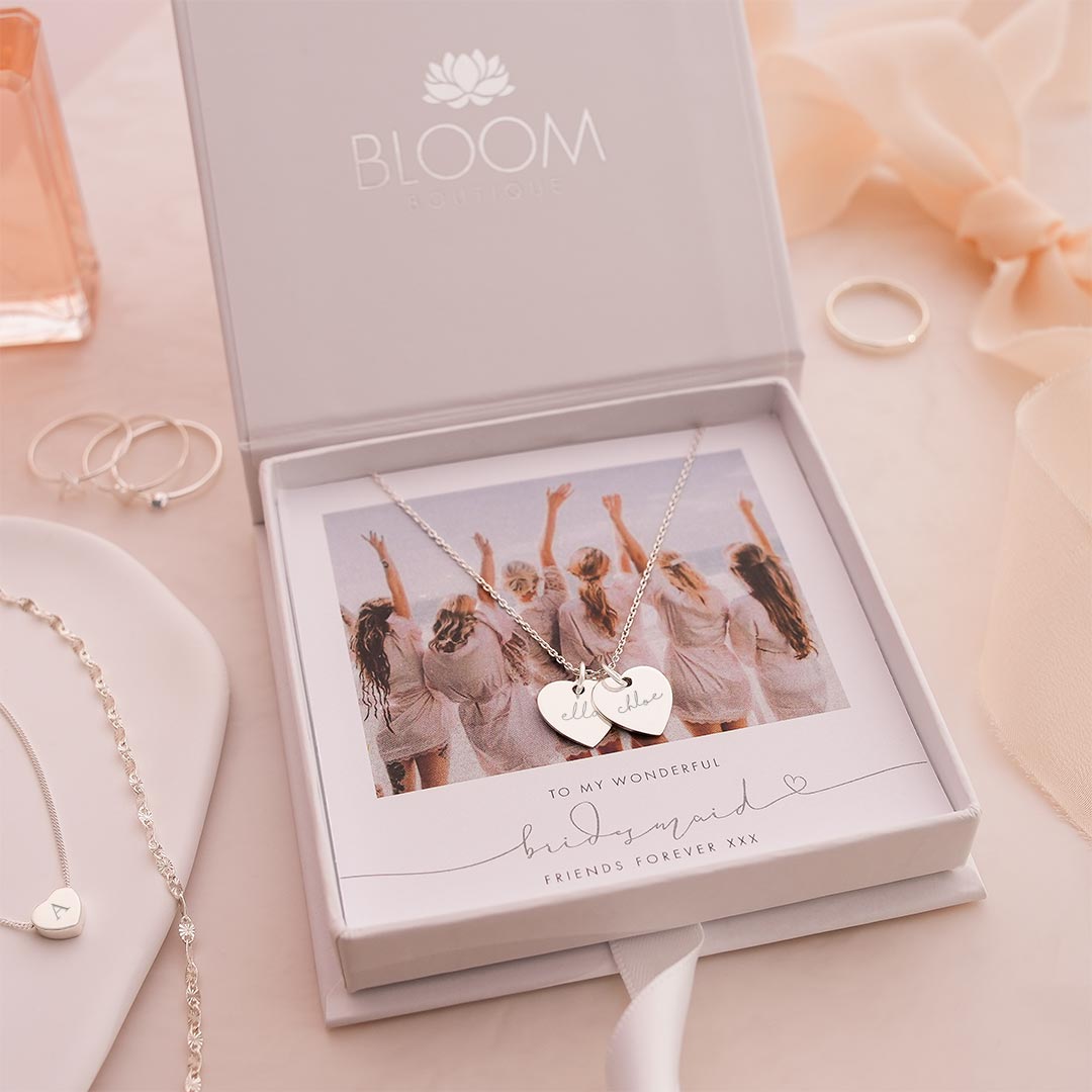 Personalised Double Heart Name Necklace Photo Bridesmaid Gift Set