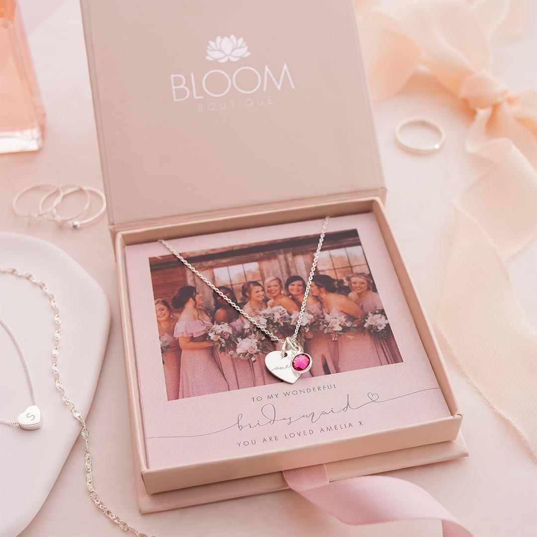 Personalised Esme Heart and Birthstone Necklace Photo Bridesmaid Gift Set