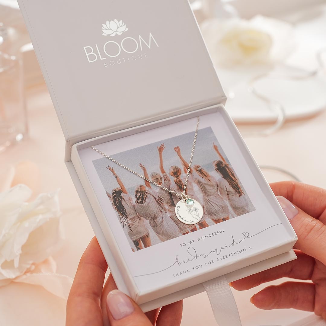 silver plated meaningful flower and message necklace photo bridesmaid gift set