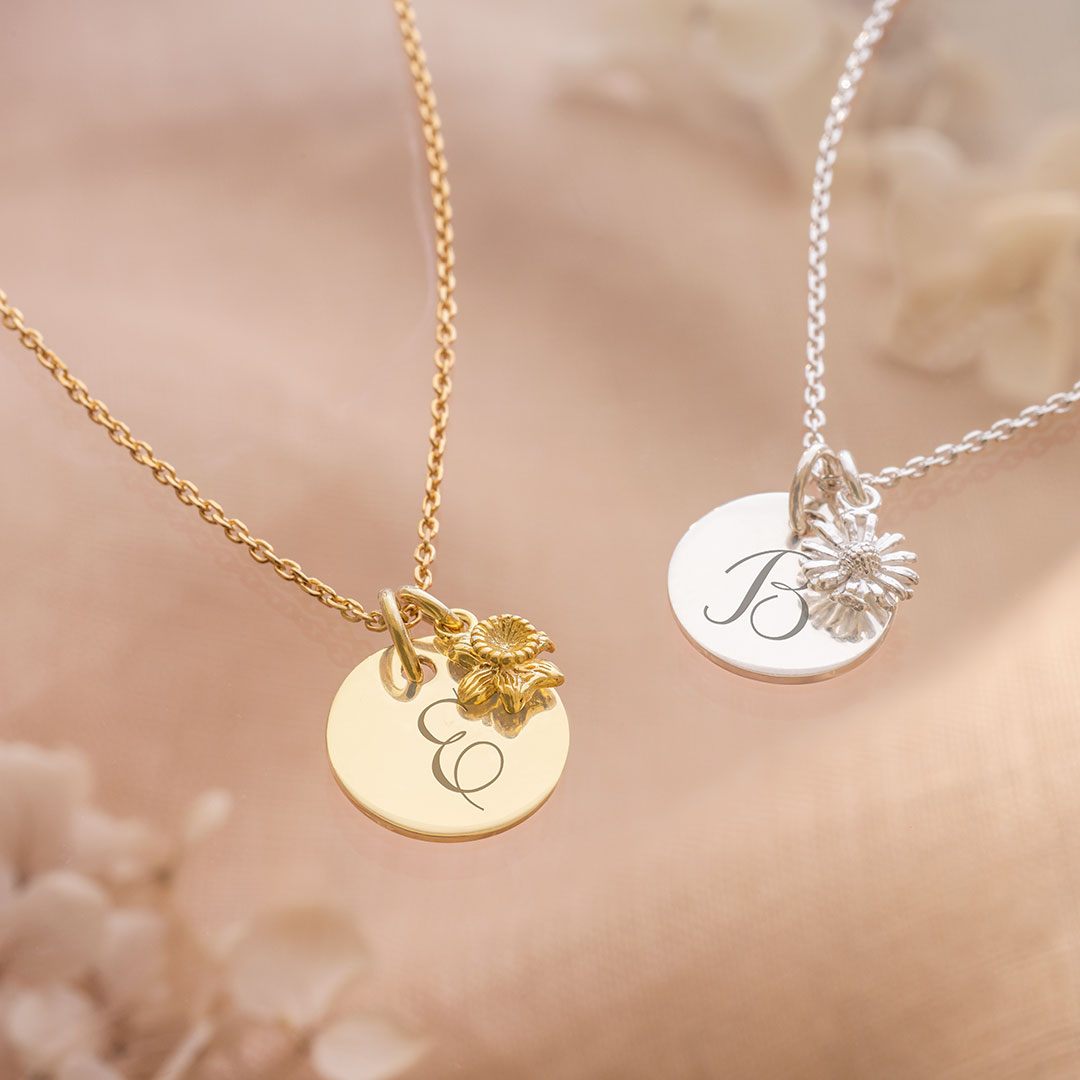 Gold Sterling Silver and Sterling Silver Initial and Birth Flower Personalised Necklace
