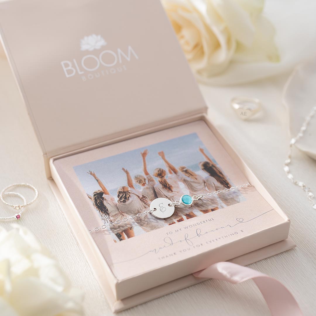 silver initial disc and birthstone personalised bridesmaid gift photo set