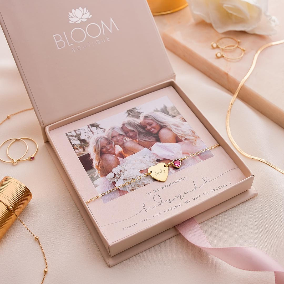 Personalised Chloe Heart and Heart Birthstone Bracelet Photo Bridesmaid Gift Set