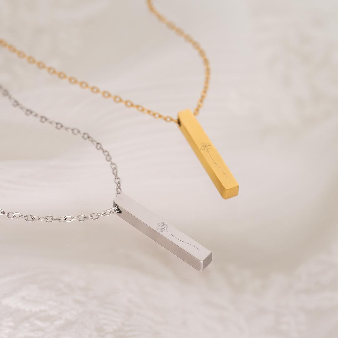 silver and champagne gold plated bar charm necklace personalised with engraved birth flowers
