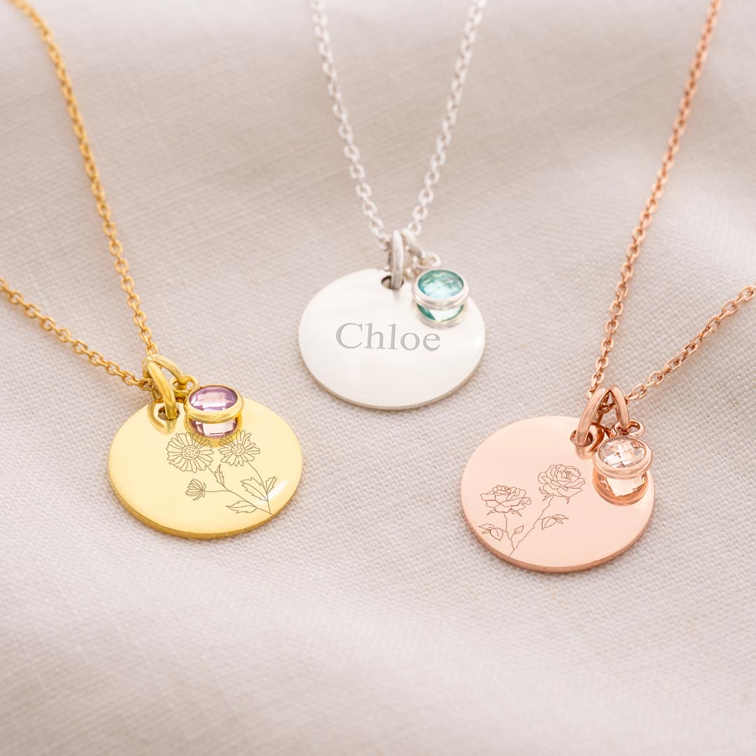 birth flower and birthstone personalised name necklace available in silver, gold and rose gold