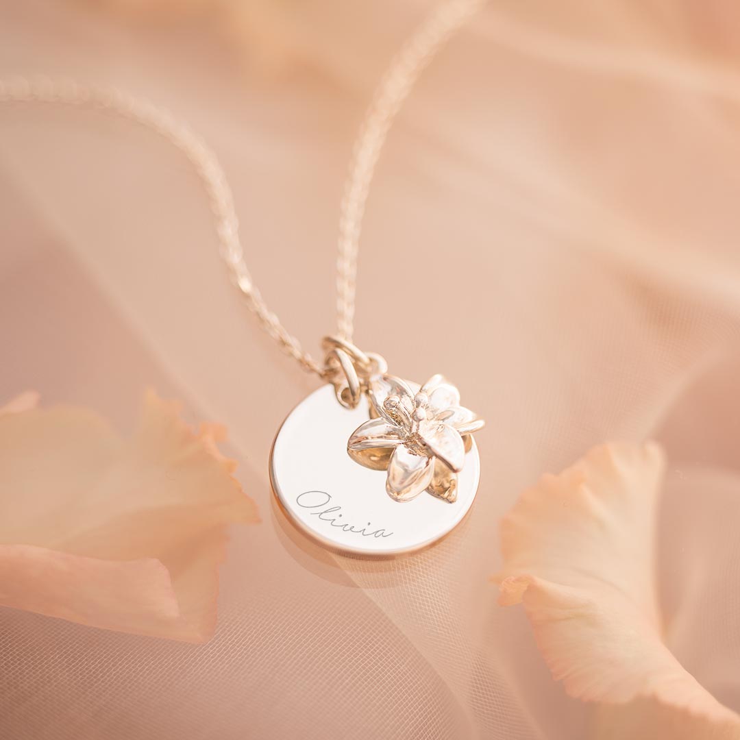 Birth Flower Charm and Disc Personalised Name Necklace