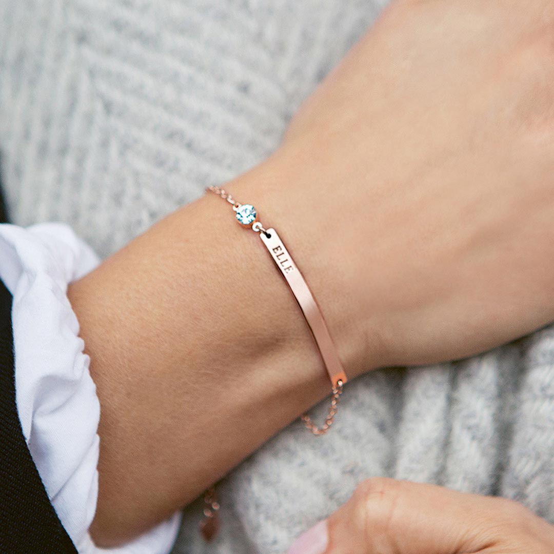 Rose Gold Bar Bracelet Engraved with Name in Classic Font with a Birthstone