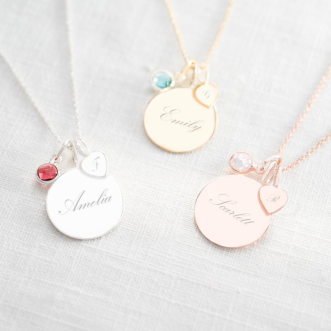 Birthstone, Heart and Disc Personalised Necklace
