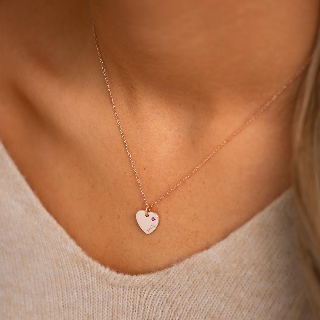 Rose Gold Heart Necklace With Emily Name Engraving and July Birthstone