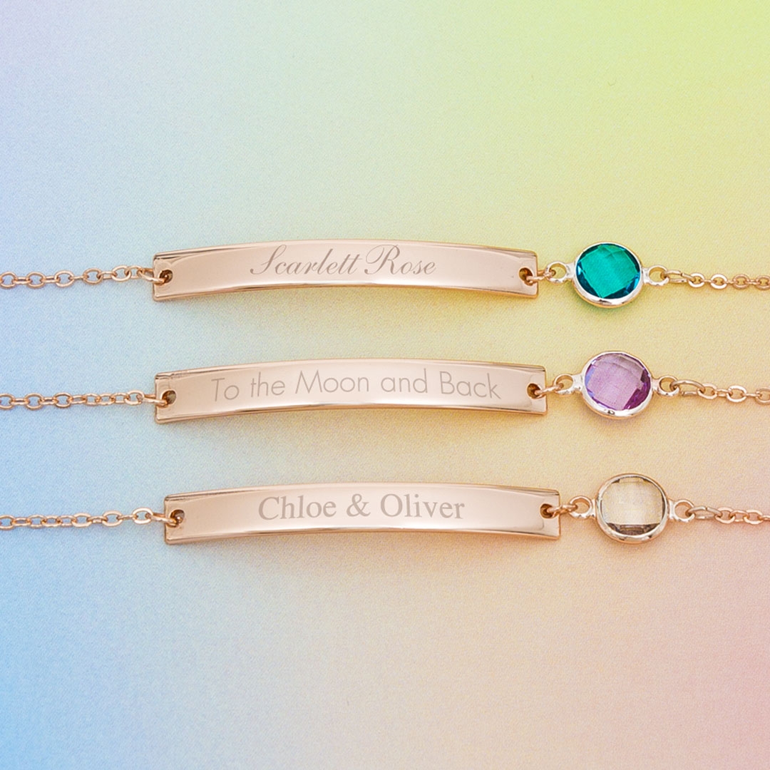 Three Rose Gold Bracelets with Bars and Birthstones Personalised With Names or Messages
