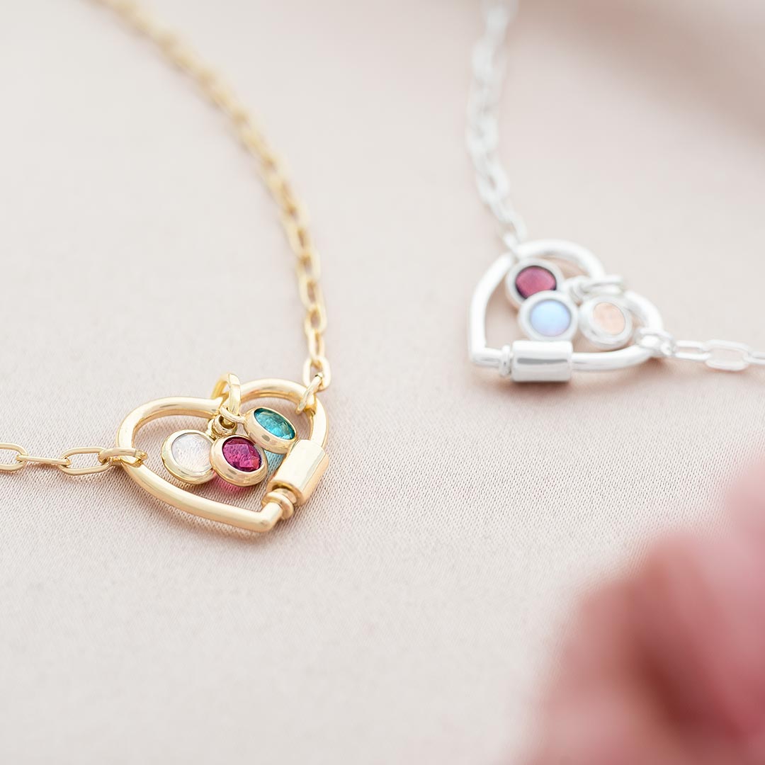 personalised heart necklace with family birthstone charms