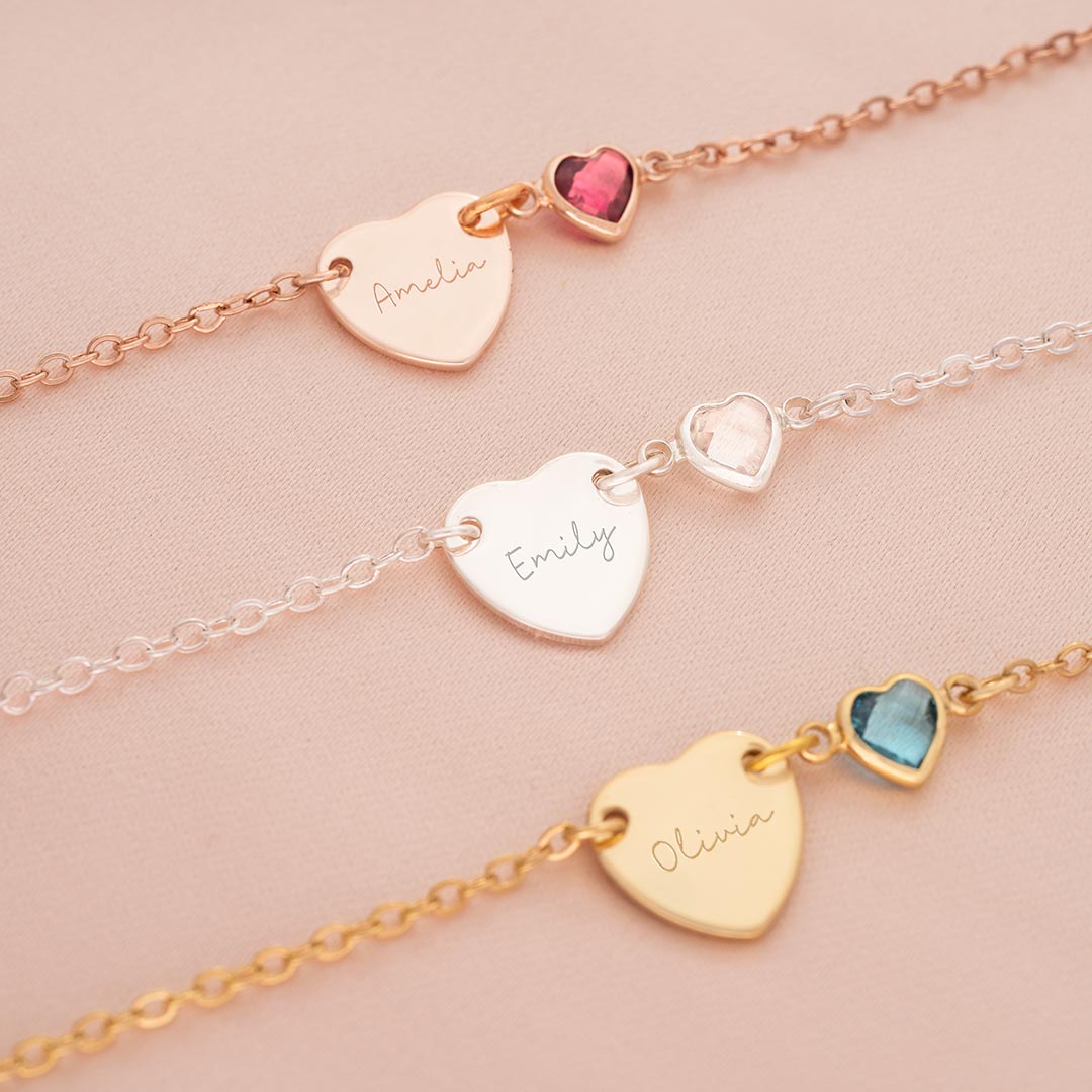 Personalised Chloe Heart and Heart Birthstone Bracelet Photo Gift Set