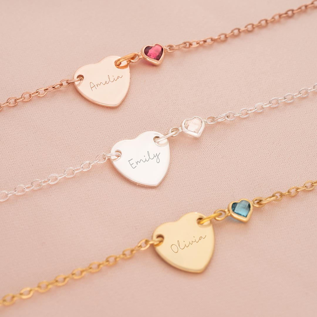 Personalised Chloe Heart and Heart Birthstone Bracelet Photo Bridesmaid Gift Set