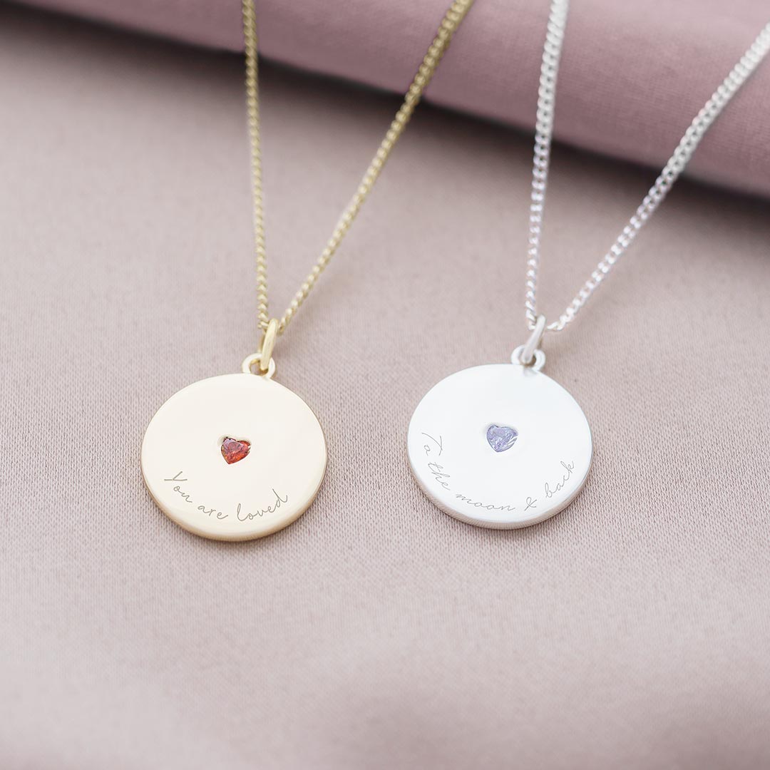 Integrated Heart Birthstone Disc Necklace with Personalised Message in silver or Gold