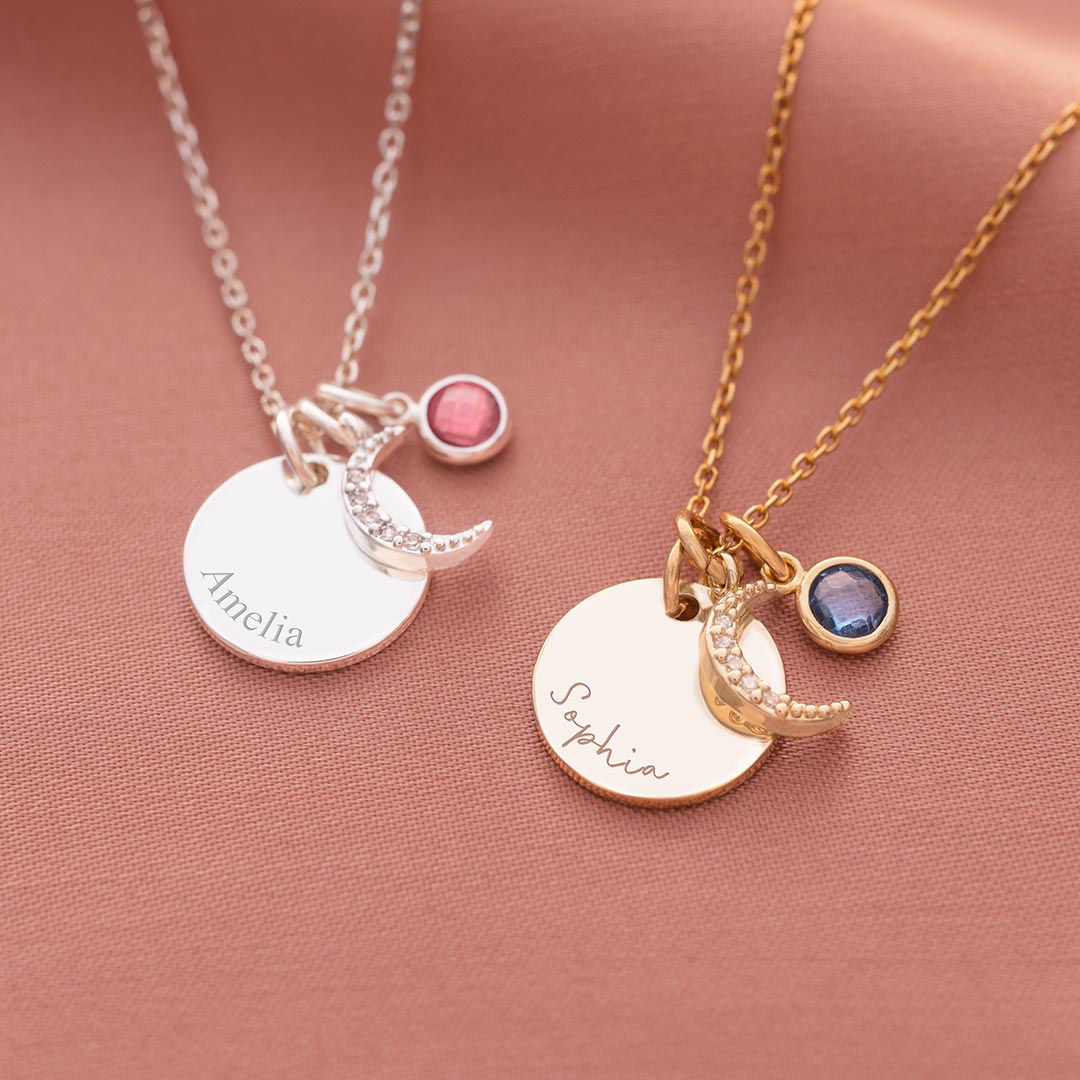 crystal moon, disc and birthstone necklace available in silver and champagne gold