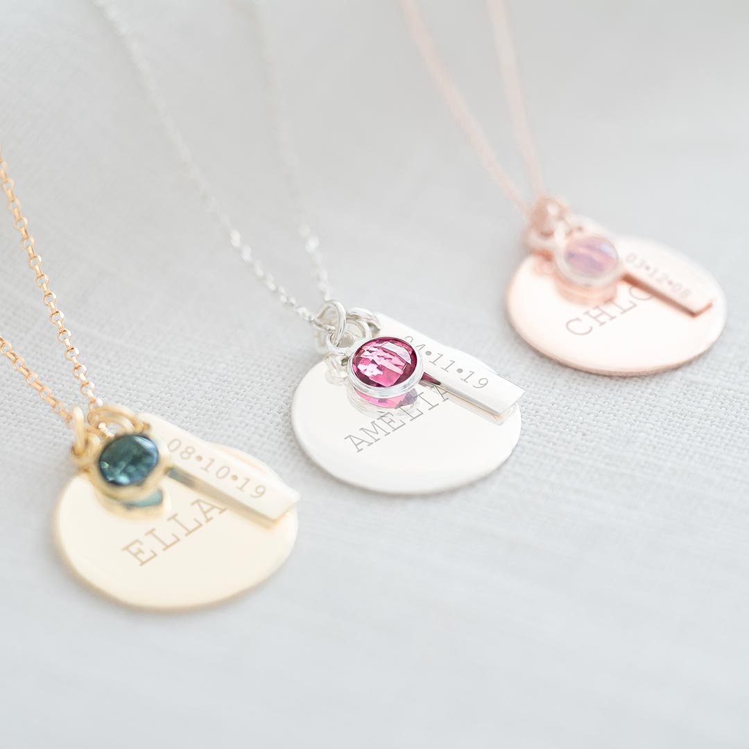 Disc, Bar and Birthstone Sterling Silver Personalised Name Necklace