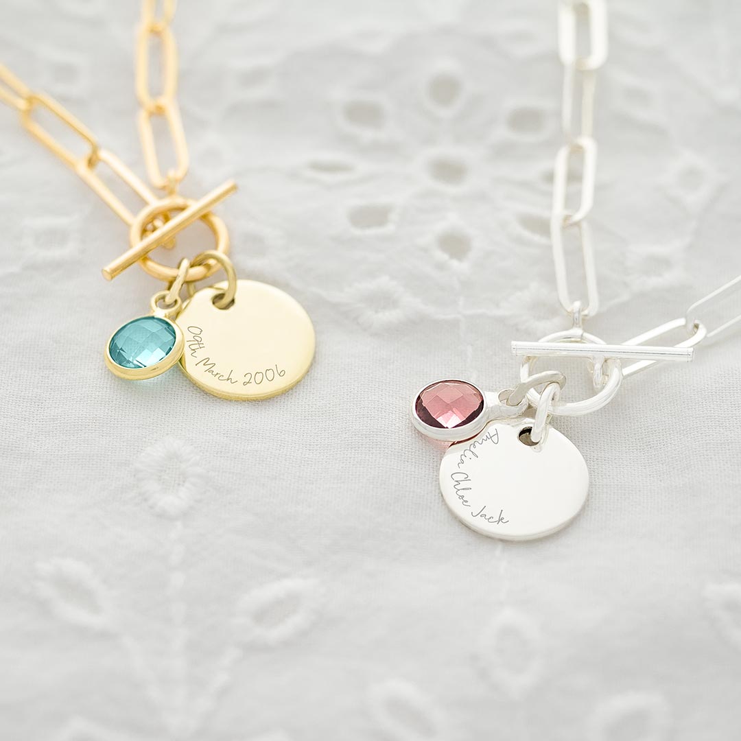 t-bar necklace chain with personalised disc and birthstone charm in sterling silver and gold plated sterling silver