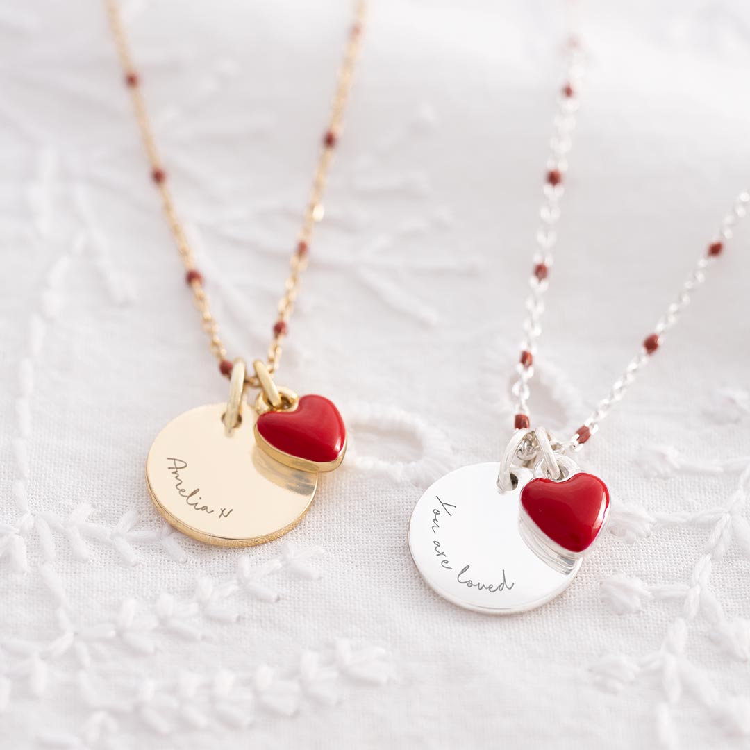 Enamel Heart and Disc Personalised Message Necklace