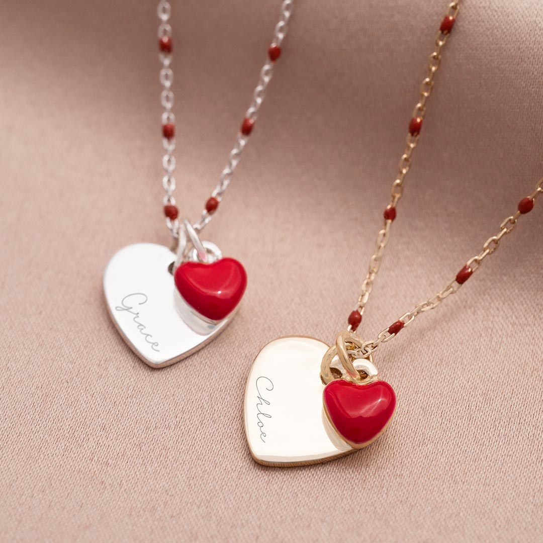 Enamel Heart and Heart Personalised Name Necklace
