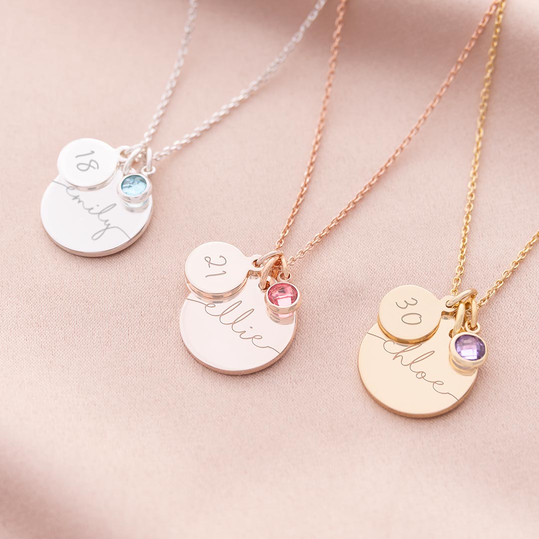 Personalised Esme Birthday Disc and Birthstone Name Necklace Photo Gift Set