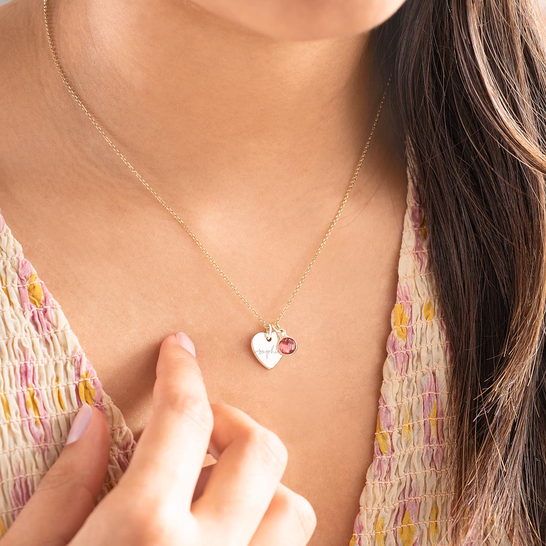 Gold Plated Sterling Silver Heart Necklace With Esme Font Name and Sterling Silver Birthstone