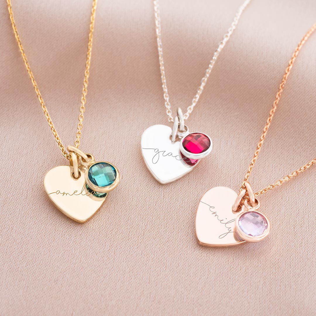 esme heart and birthstone personalised necklace available in silver, rose gold and champagne gold