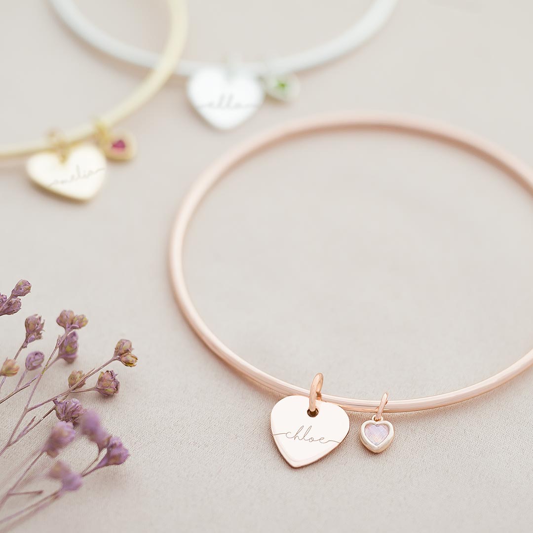 name and birthstone heart bangle in rose gold , gold and silver
