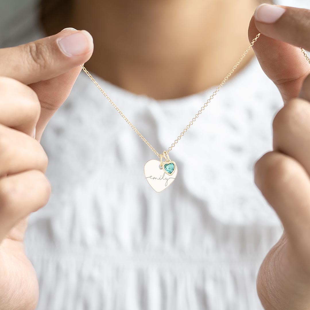 Heart Pendant Necklace with heart Birthstone and Personalised Name