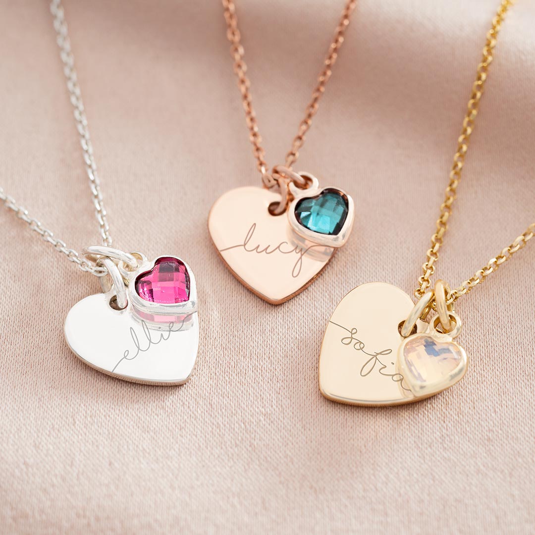 esme heart and heart birthstone necklace available in sterling silver, rose gold plated sterling silver and gold plated sterling silver