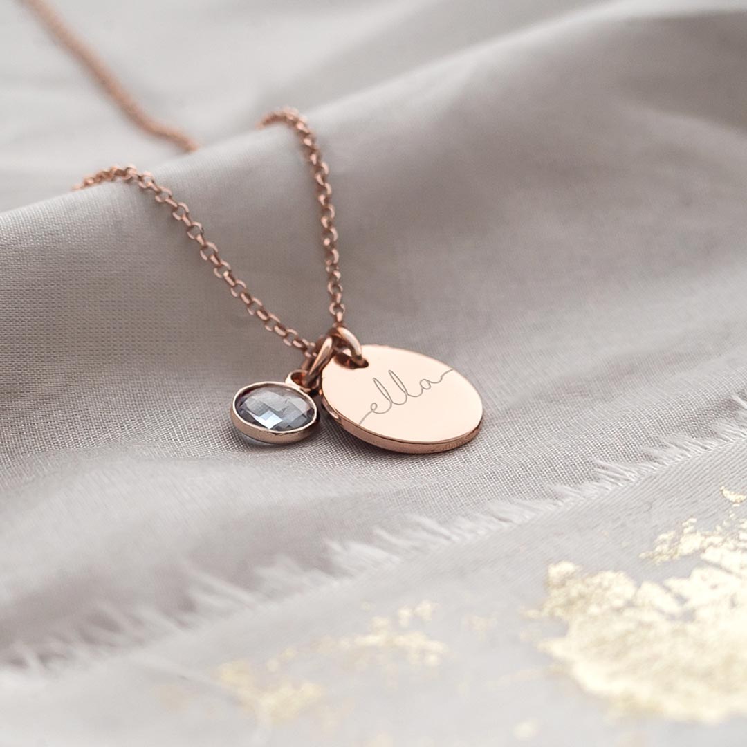 Rose Gold Disc Necklace customised with a name and Birthstone