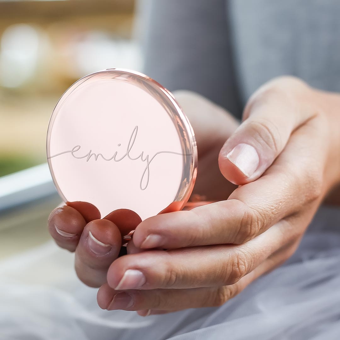 Rose Gold Compact Mirror Personalised with Modern Script Name 