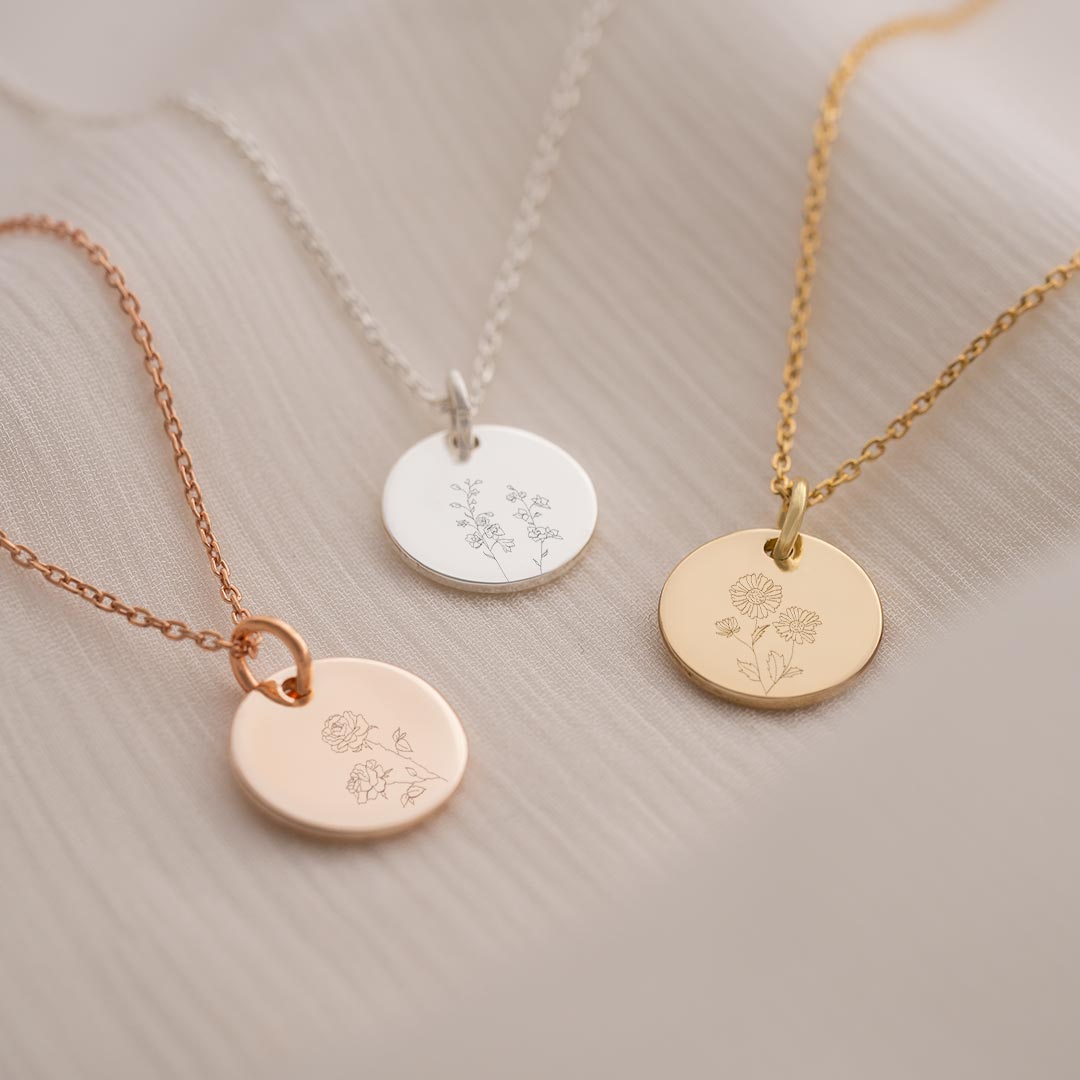 Etched Birth Flower Disc Personalised Necklace