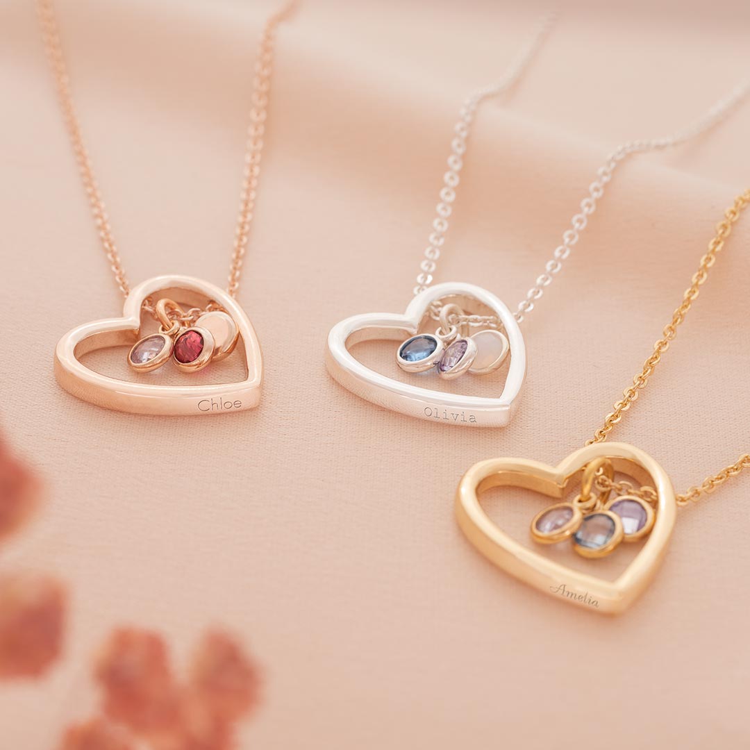 family birthstone heart necklace available in silver, rose gold and champagne gold