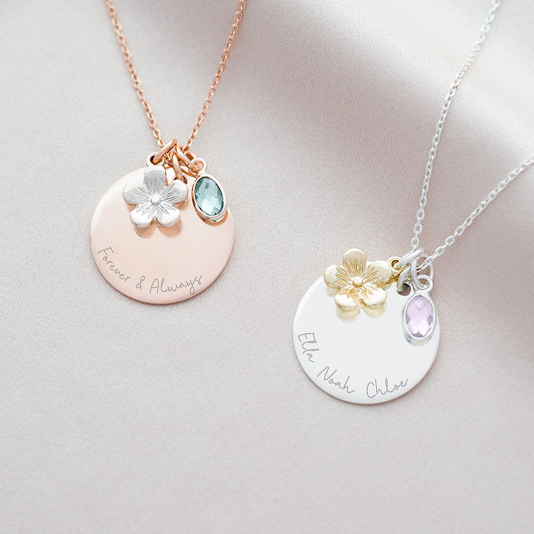 disc, flower and birthstone charm necklace available in rose gold and silver