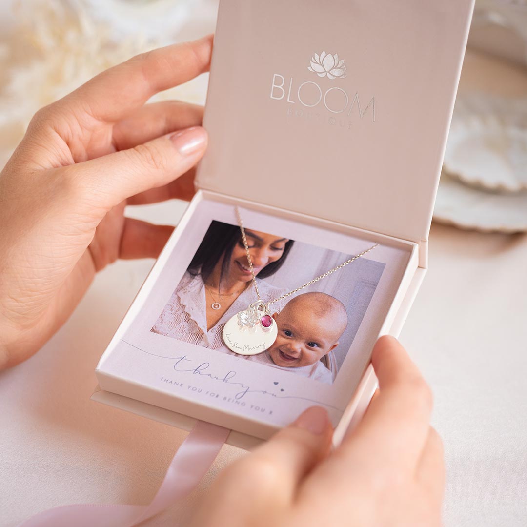 Personalised Flower and Birthstone Charm Disc Necklace Photo Gift Set