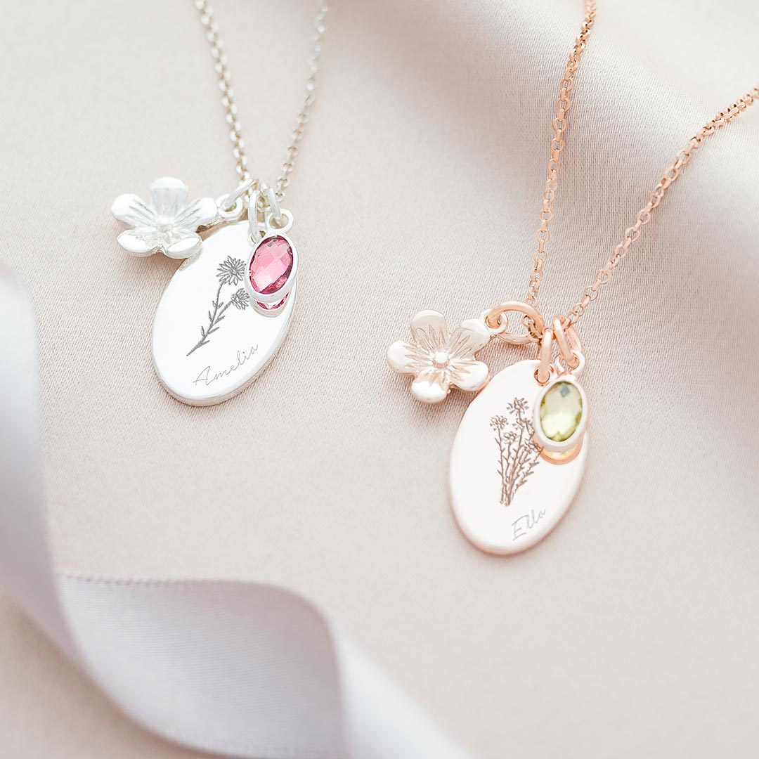 flower charm and oval birth flower charm necklace personalised with a chosen name and oval birthstone charm