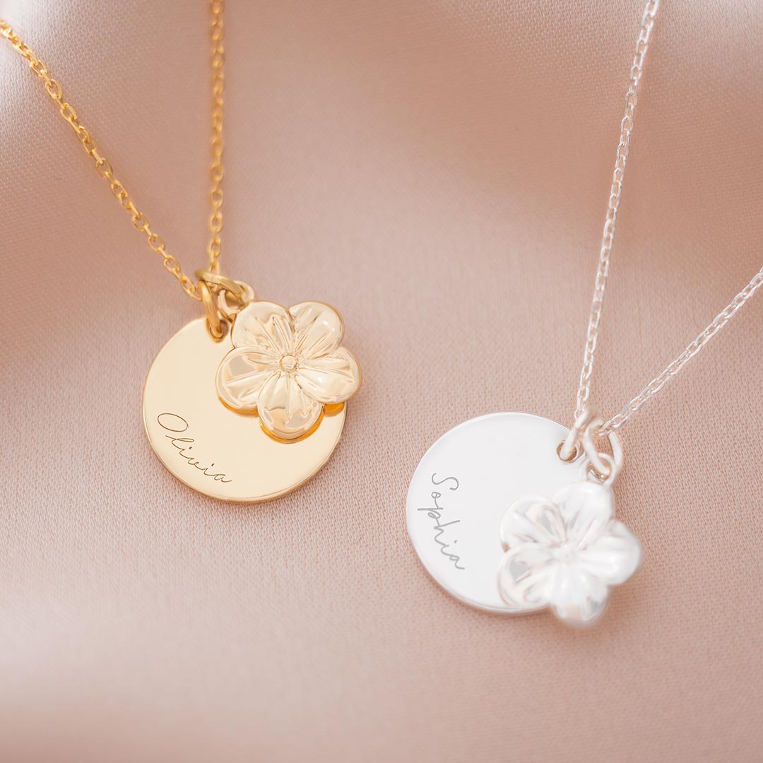champagne gold and silver forget me not flower and disc necklace personalised with a script style message