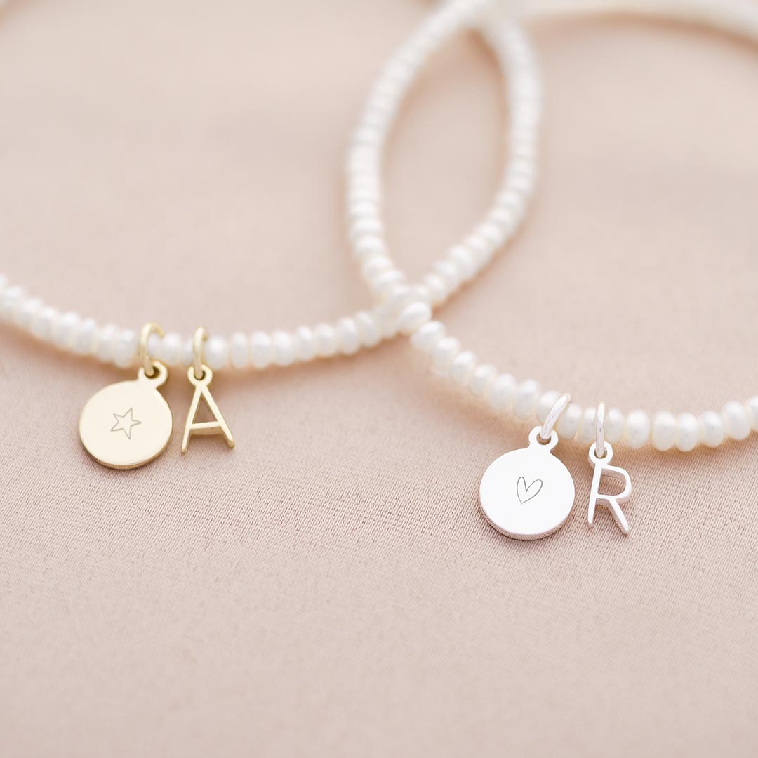 Freshwater Pearl Letter and Disc Charm Personalised Bracelet