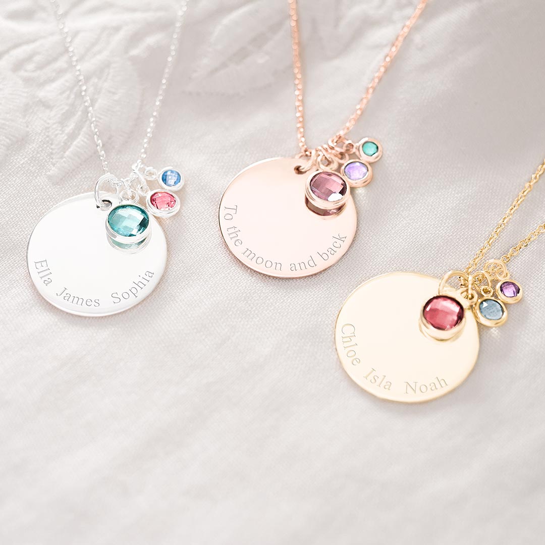 Personalised Family Disc and Birthstone Necklace Photo Gift Set