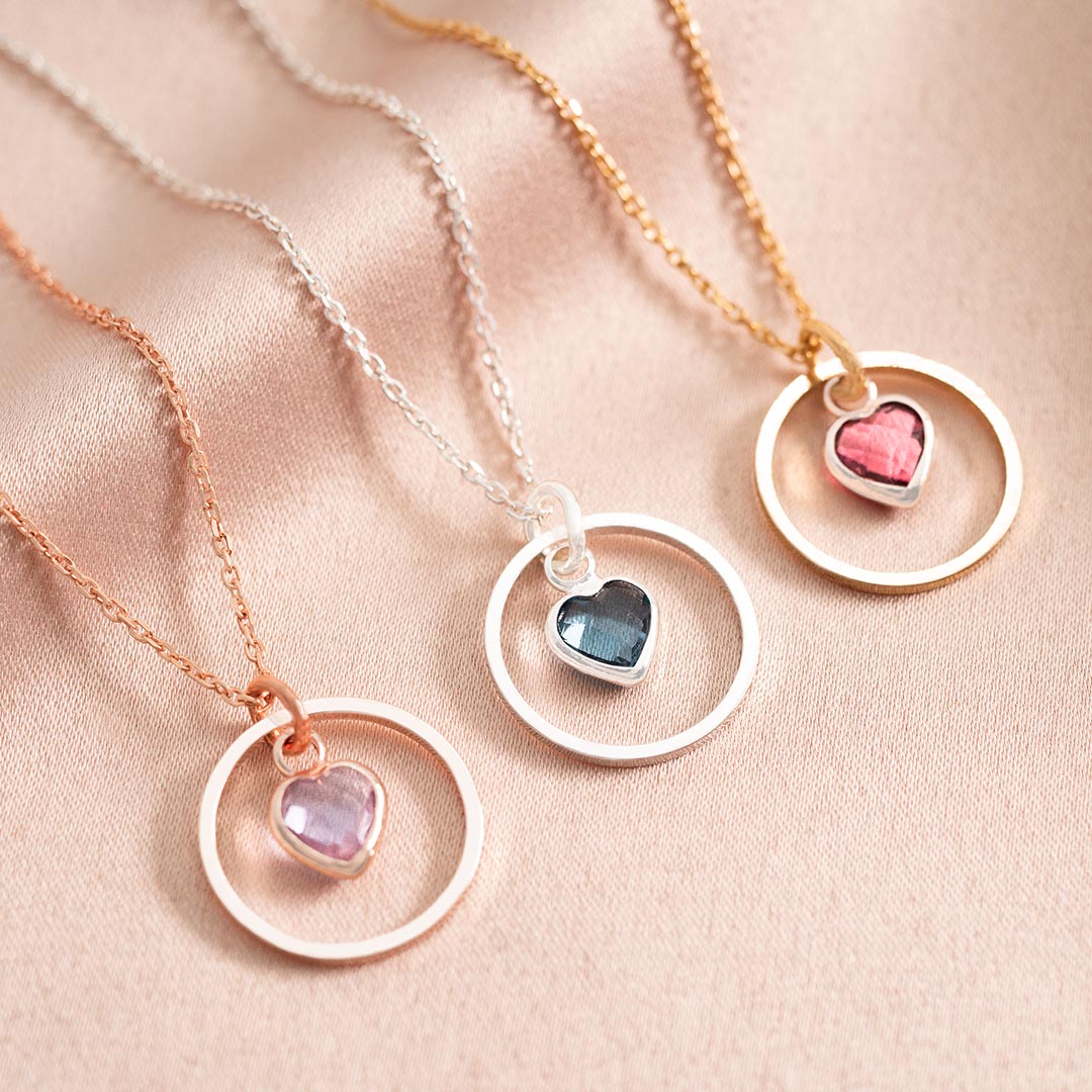 halo and birthstone charm necklace available in sterling silver, gold plated sterling silver and rose gold plated sterling silver