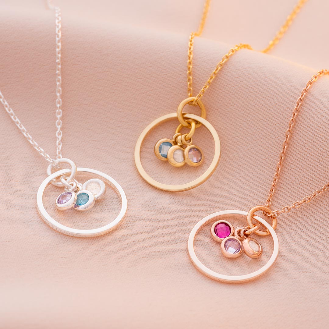 halo and triple micro birthstone charm necklace available in silver, rose gold or champagne gold